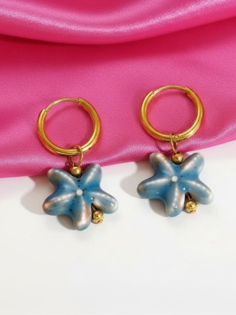 Gold Hoop Earrings with Blue Starfish Charms Summer Women Jewelry - New